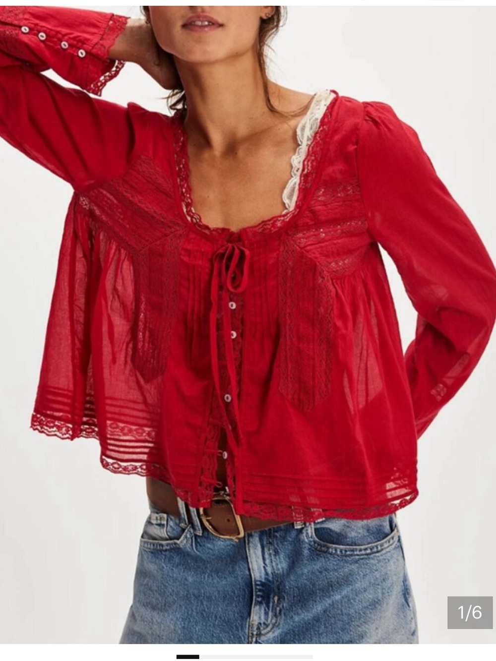 NWOT Free People Forevermore Sheer Lace Tie-Front Long Sleeve Blouse Ruby Sz XS